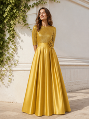 Half Sleeve 3D Flower Waist Detail Sequin Bodice Satin A‑Line Dress Gold