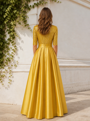 Half Sleeve 3D Flower Waist Detail Sequin Bodice Satin A‑Line Dress Gold