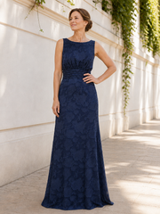 Sleeveless Bateau Neck Floor‑Length Sheath Dress With Pleated Waist Dark Navy