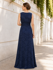 Sleeveless Bateau Neck Floor‑Length Sheath Dress With Pleated Waist Dark Navy