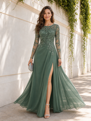 A-line Long Sleeve Lace Appliqué Chiffon Dress With High Slit Eucalyptus