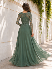 A-line Long Sleeve Lace Appliqué Chiffon Dress With High Slit Eucalyptus