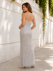 Spaghetti Strap Beaded Sparkly Sequin Fringe Maxi Sheath Dress