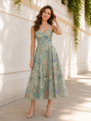 Spaghetti Strap Floral Embroidery Tulle Sweetheart Tea‑Length Dress Dusty Sage