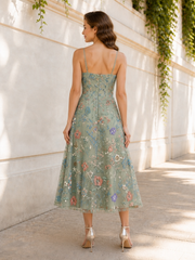 Spaghetti Strap Floral Embroidery Tulle Sweetheart Tea‑Length Dress Dusty Sage