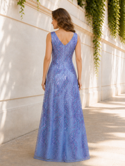 Sleeveless V‑Neck Sequins Beaded Tulle A‑Line Floor-Length Dress