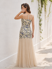 Illusion Neck Colorful Wildflower Appliques Tulle Skirt Mermaid Dress Peach