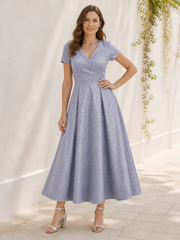 A Line V Neck Short Sleeve Tea Length Leaf Jacquard Dress Lavender