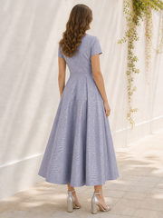 A Line V Neck Short Sleeve Tea Length Leaf Jacquard Dress Lavender