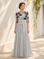Floor-Length Lace Bodice A Line Chiffon Dress with Sash Silver