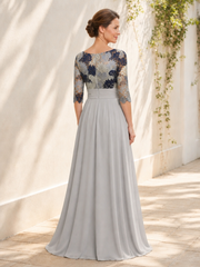 Floor-Length Lace Bodice A Line Chiffon Dress with Sash Silver