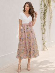 A-Line Tea-Length V Neck Short Sleeve Floral Tulle Dress