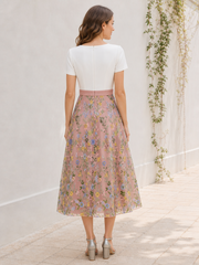 A-Line Tea-Length V Neck Short Sleeve Floral Tulle Dress