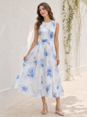 A Line Tea Length White Base Blue Floral Sleeveless Dress White