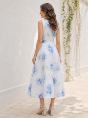 A Line Tea Length White Base Blue Floral Sleeveless Dress White