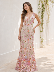 V Neck Sleeveless Colorful Floral Sheath Floor-Length Dress