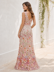 V Neck Sleeveless Colorful Floral Sheath Floor-Length Dress