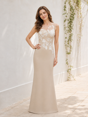 Illusion Neckline Sleeveless Lace Appliqué Sheath Stretch Crepe Dress Peach
