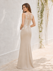 Illusion Neckline Sleeveless Lace Appliqué Sheath Stretch Crepe Dress Peach