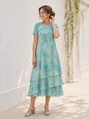 Round Neck Short Sleeve Chiffon Midi Tiered Teal Green Dress