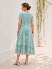 Round Neck Short Sleeve Chiffon Midi Tiered Teal Green Dress