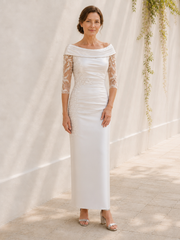 Sheath Midi Off-the-Shoulder Satin 3/4 Lace Sleeves Dress Ivory