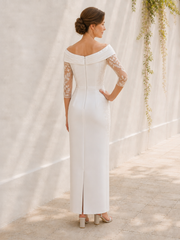 Sheath Midi Off-the-Shoulder Satin 3/4 Lace Sleeves Dress Ivory