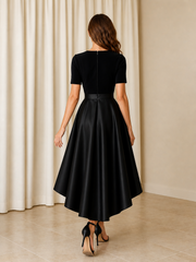 V‑Neck Short Sleeve High‑Low Satin A‑Line Evening Dress Black