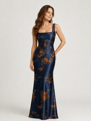 Square Neck Wide Strap Sleeveless Satin Floral Print Slim-Fit Dress Dark Navy