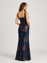 Square Neck Wide Strap Sleeveless Satin Floral Print Slim-Fit Dress Dark Navy