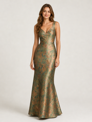 Sleeveless V-Neck Metallic Floral Print Mermaid Maxi Dress Olive Green