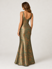 Sleeveless V-Neck Metallic Floral Print Mermaid Maxi Dress Olive Green