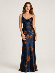 Cowl Neck Spaghetti Strap Satin Floral Print Sheath Dress Dark Navy
