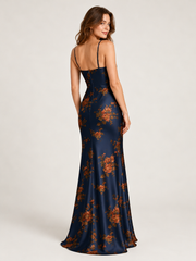 Cowl Neck Spaghetti Strap Satin Floral Print Sheath Dress Dark Navy