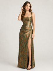 Wide Strap Square Neck Floral Ruched Waist High Slit Dress Olive Green