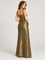 Wide Strap Square Neck Floral Ruched Waist High Slit Dress Olive Green