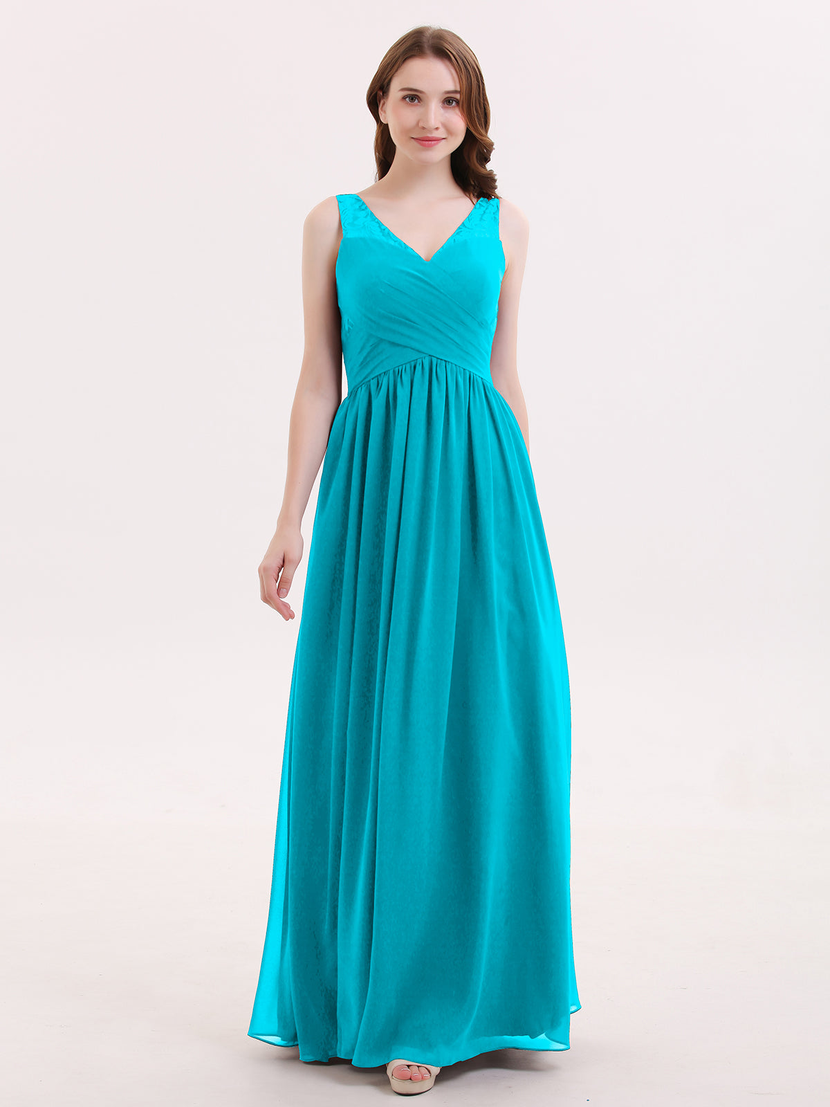 Adalyn V Neck Chiffon and Lace Maxi Bridesmaid Gown Jade | BABARONI