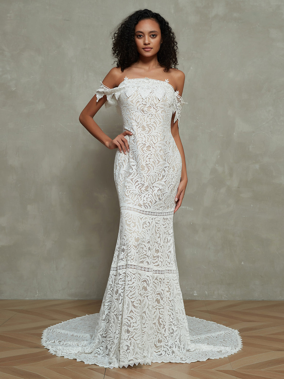 BABARONI Spaghetti Strap Mermaid Lace Simple Bridal Dresses-Champagne, Champagne / US0