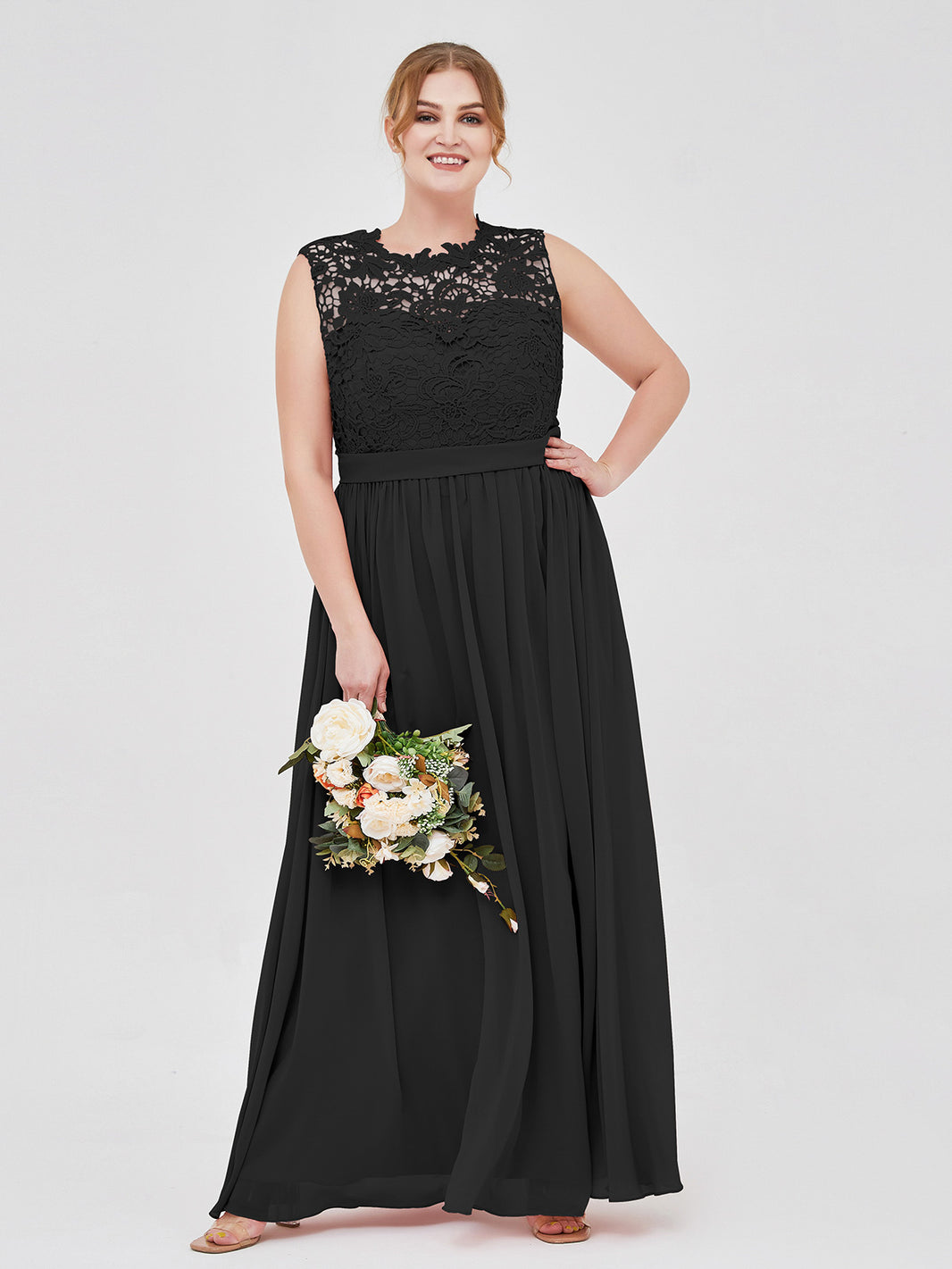 aletta maxi dress Black Plus Size Lace Bodice Chiffon Bridesmaid BABARONI Illusion Neck Formal Gown for Wedding Party It is made of Size:XXL: 35.4-39.4