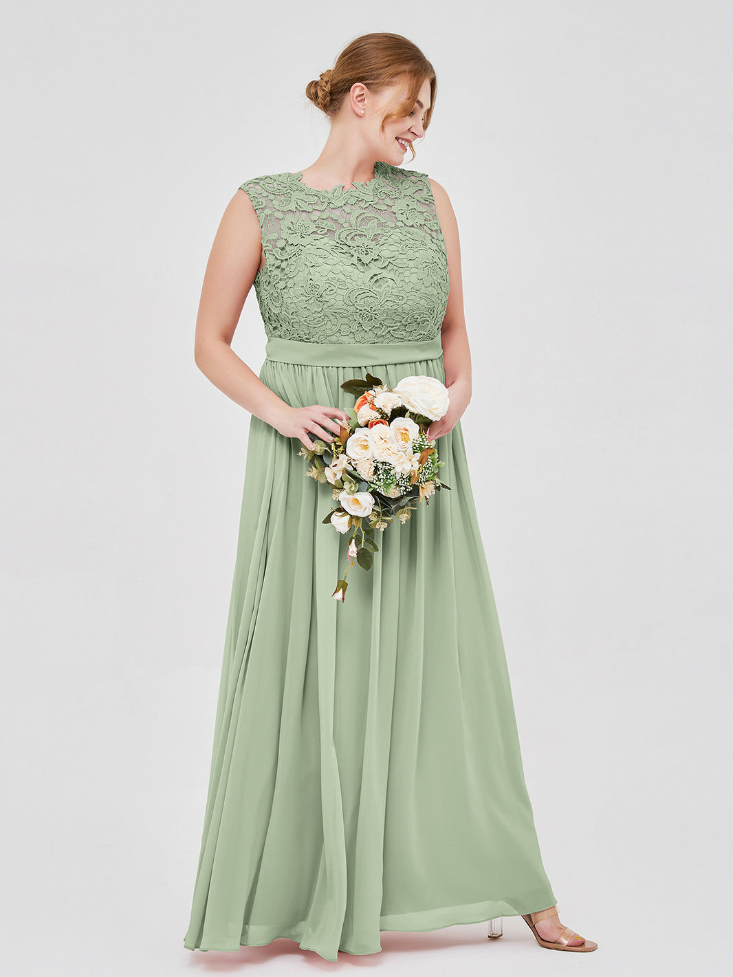 Dusty Sage Plus Size Lace Bodice Chiffon Bridesmaid Dress BABARONI Illusion Neck Formal Gown for Wedding Party Dusty Sage Plus Size Lace Bodice Chiffon Bridesmaid Dress BABARONI Illusion Neck Formal Gown for Wedding Party