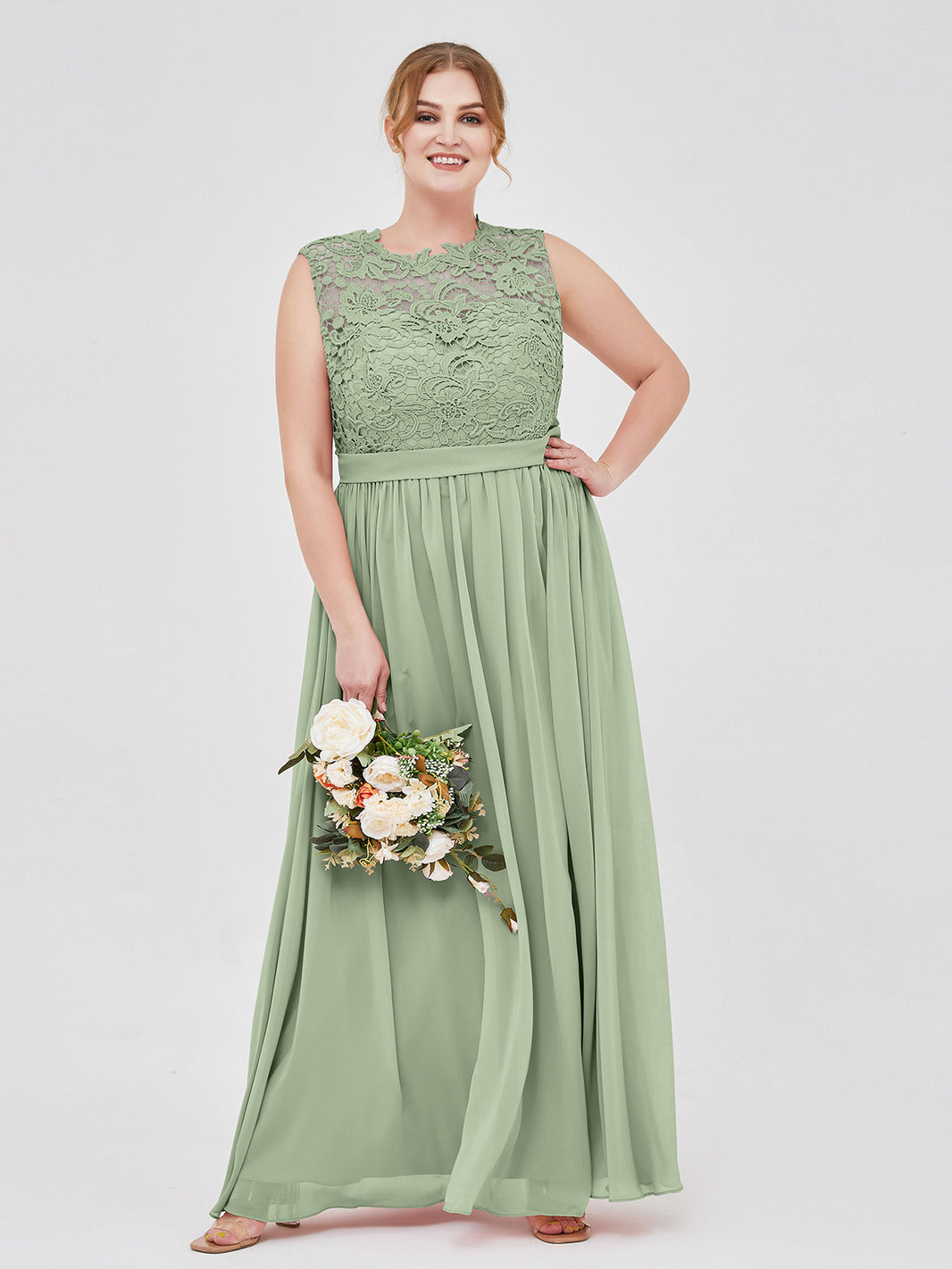 BABARONI Illusion Neck Chiffon and Lace Dresses Dusty Sage, Dusty Sage / US0