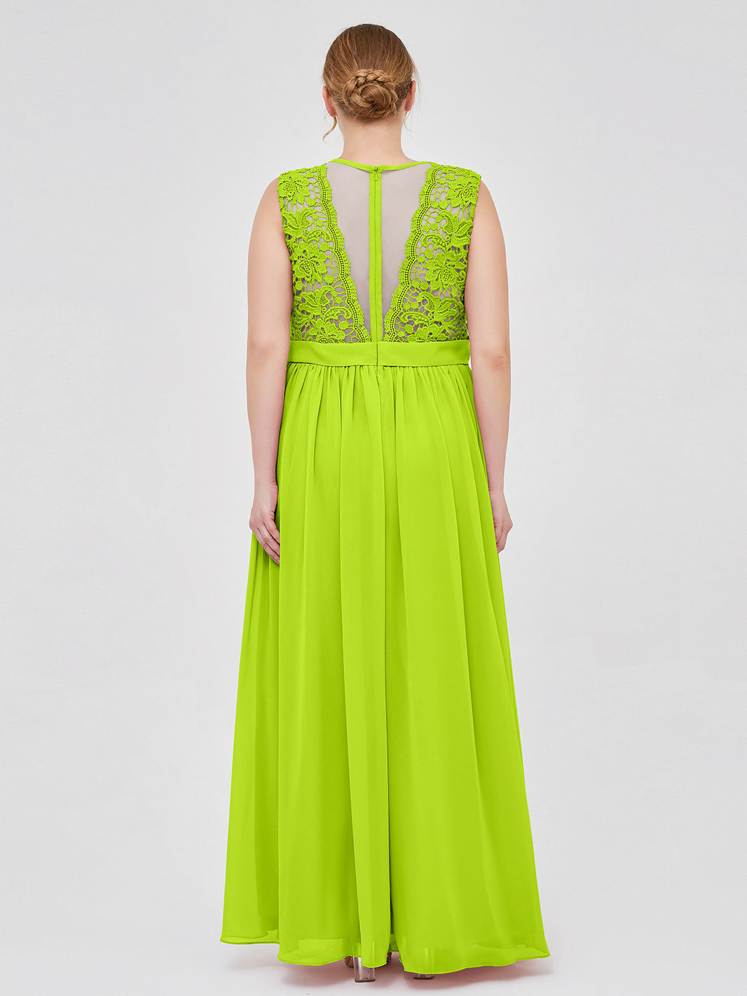 Lime Green Plus Size Lace Bodice Chiffon Bridesmaid Dress BABARONI Illusion Neck Formal Gown for Wedding Party Lime Green Plus Size Lace Bodice Chiffon Bridesmaid Dress BABARONI Illusion Neck Formal Gown for Wedding Party