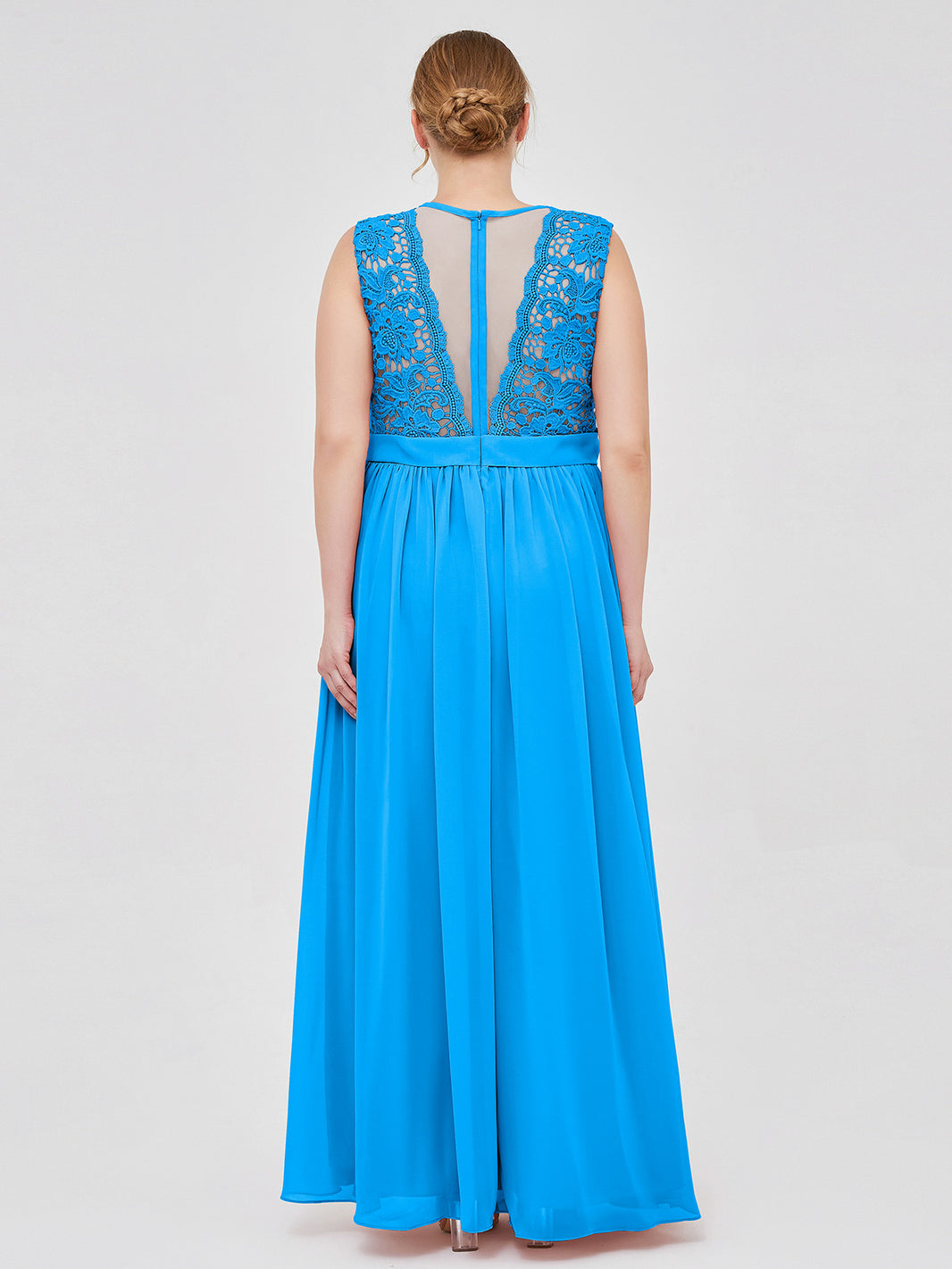 aletta maxi dress Ocean Blue Plus Size Lace Bodice Chiffon Bridesmaid Dress BABARONI Illusion Neck Formal Gown for Wedding Party