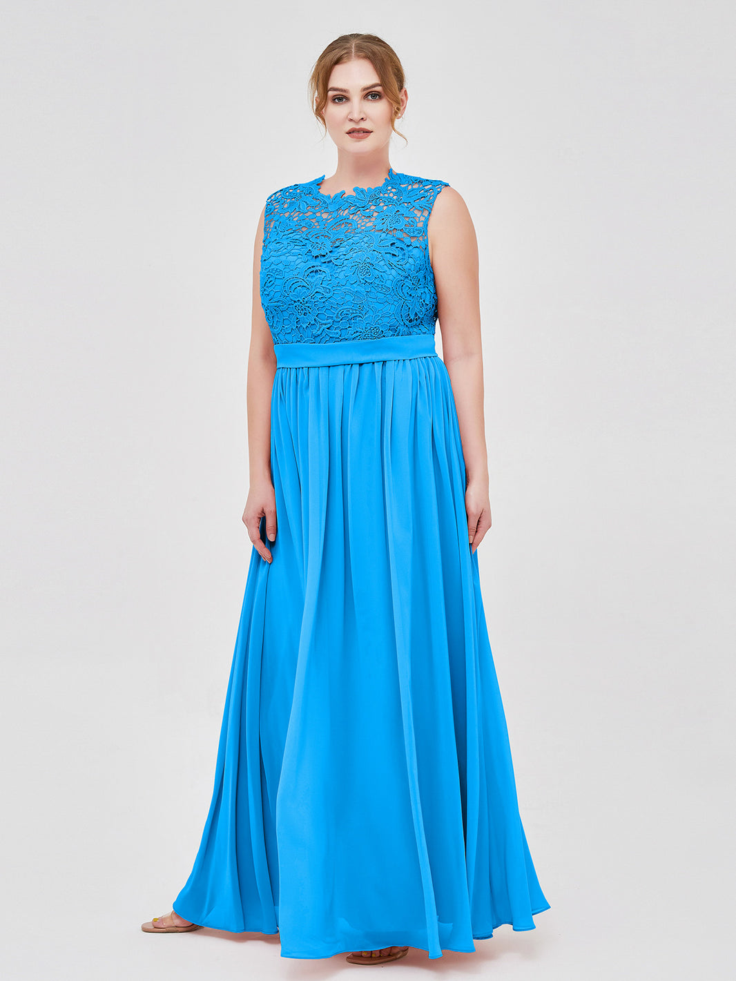 Ocean Blue Plus Size Lace Bodice Chiffon Bridesmaid Dress BABARONI Illusion Neck Formal Gown for Wedding Party