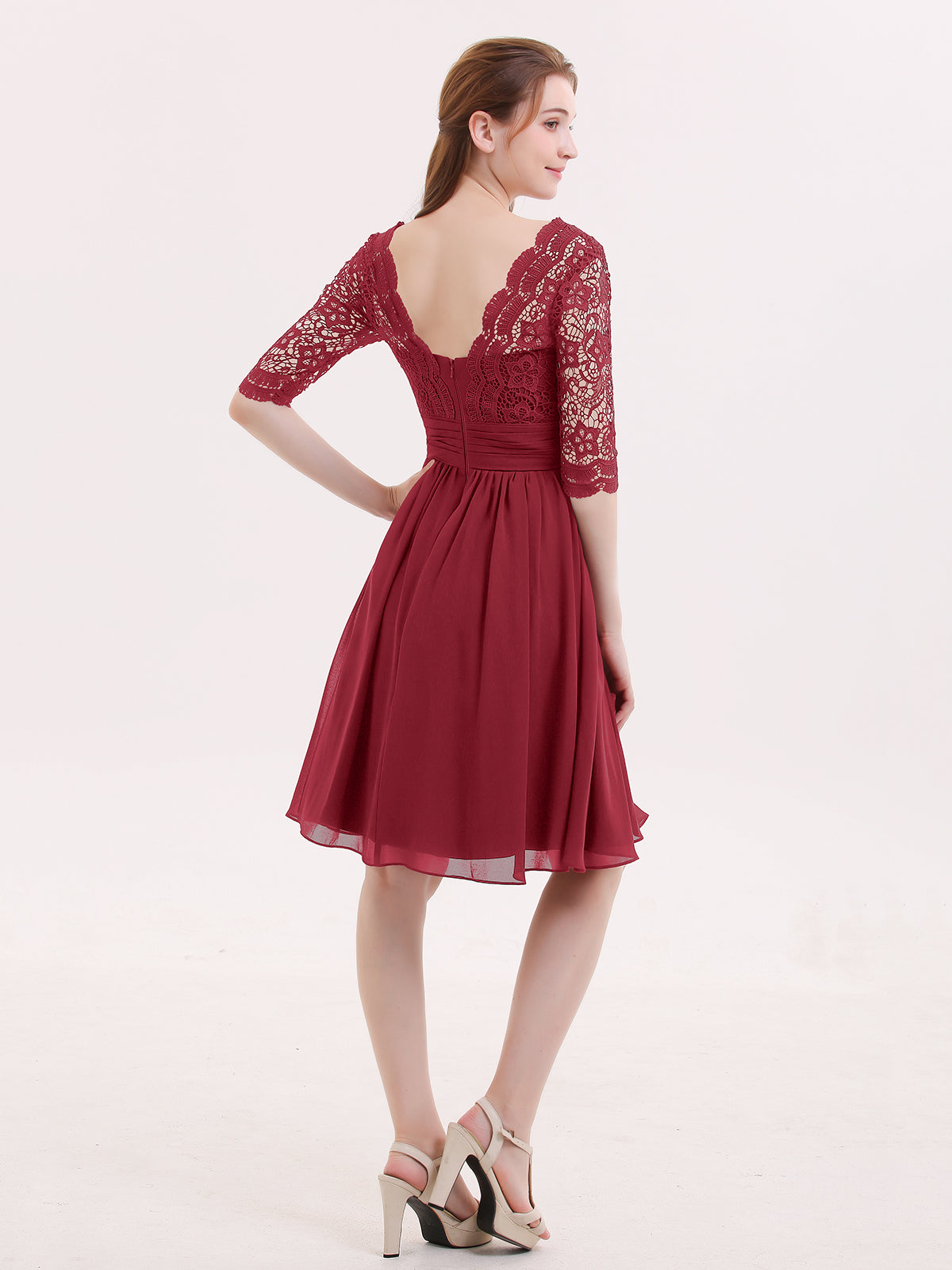 V-Neck Flutter Sleeves Chiffon Pleated Dress Burgundy