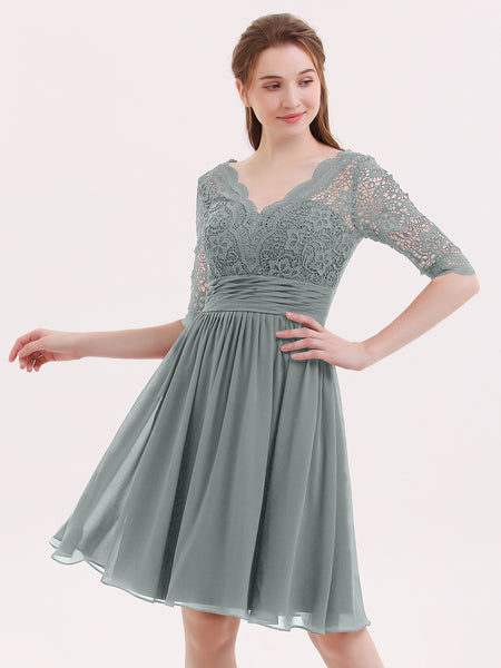 BABARONI Lace and Chiffon Short Dress with Half Sleeves Steel Grey, Steel Grey / US0