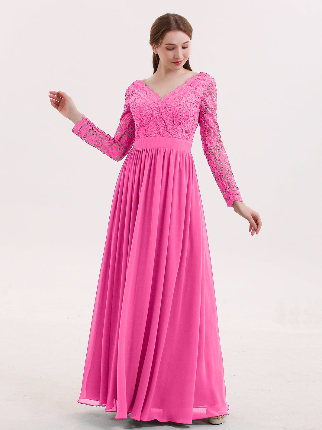BABARONI V Neck Lace and Chiffon Dress with Long Sleeves Azalea, Azalea / US0