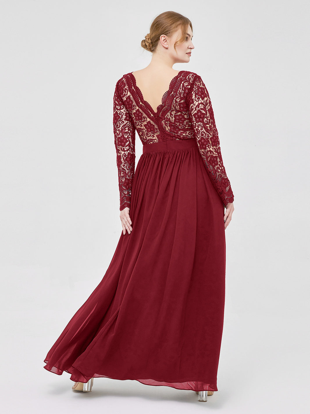 red lace long bridesmaid dresses Double V-Neck Floral Lace Appliques Maxi Bridesmaid Dress