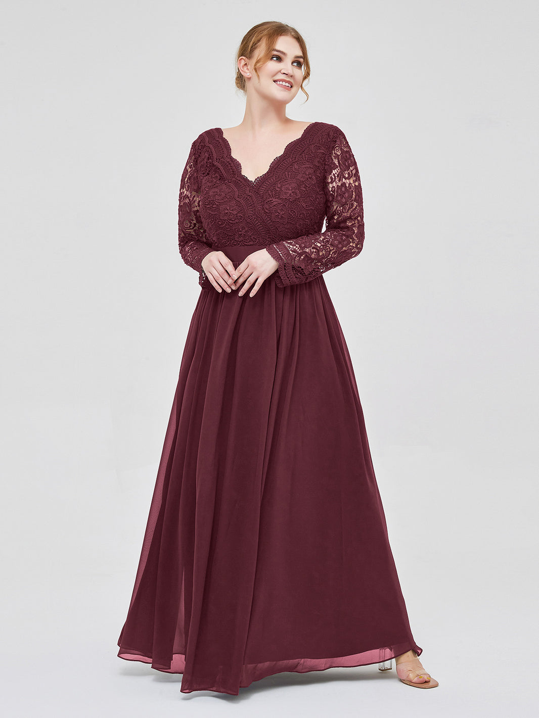 BABARONI Chiffon Cabernet Bridesmaid Dresses V-neck Floor-length Long  Sleeve Lace A-line