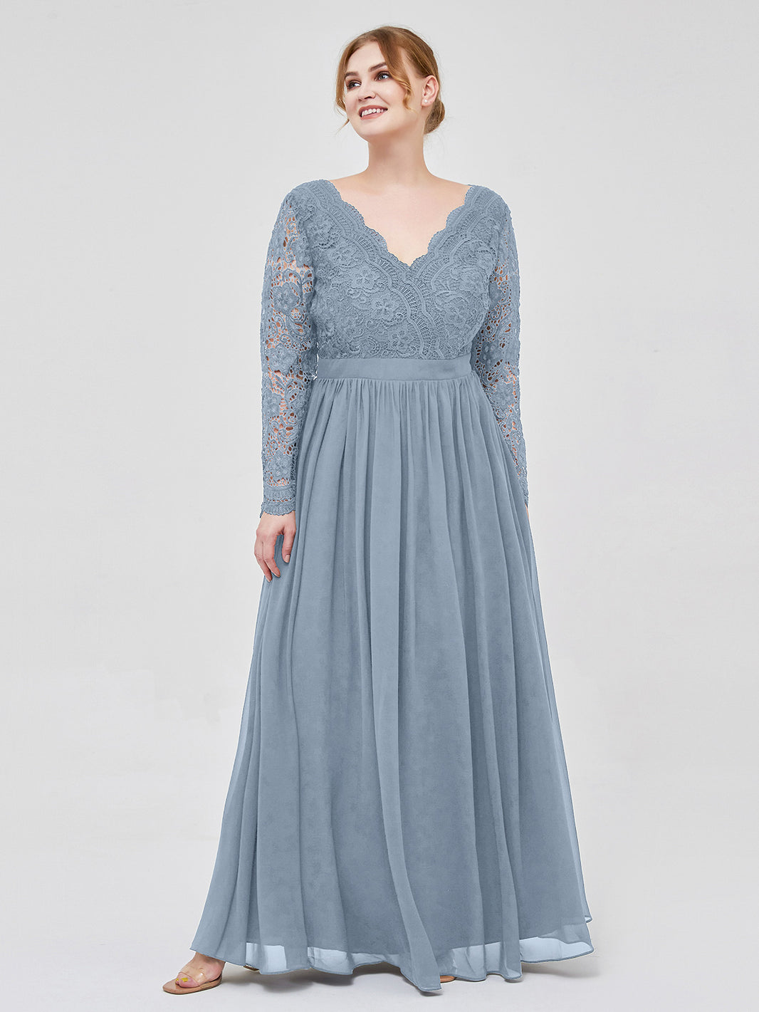 BABARONI V Neck Lace and Chiffon Dress with Long Sleeves Dusty Blue, Dusty Blue / US0